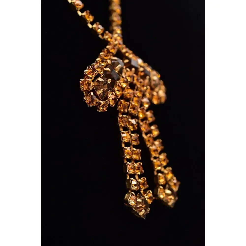 Vintage Crystal Bow Necklace Chocolate Orange Gold Prong Rhinestone 1960s BinBJ